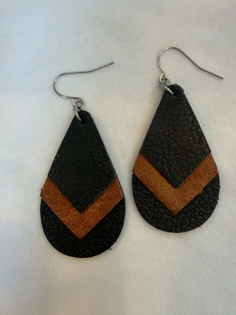 Triple-Stacked Black and Cognac Leather Teardrop Earrings